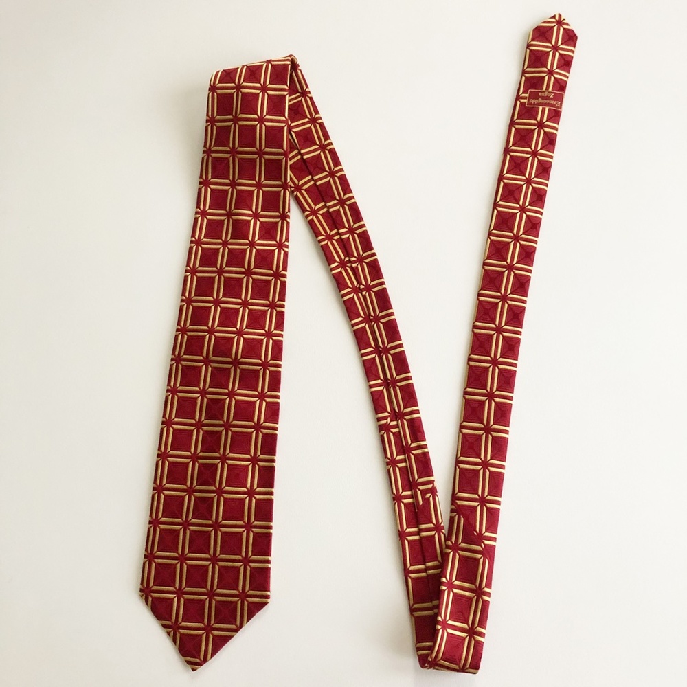 Ermenegildo Zegna Woven Silk Necktie TIE Red With Gold Squares Made in Italy - Picture 2 of 8